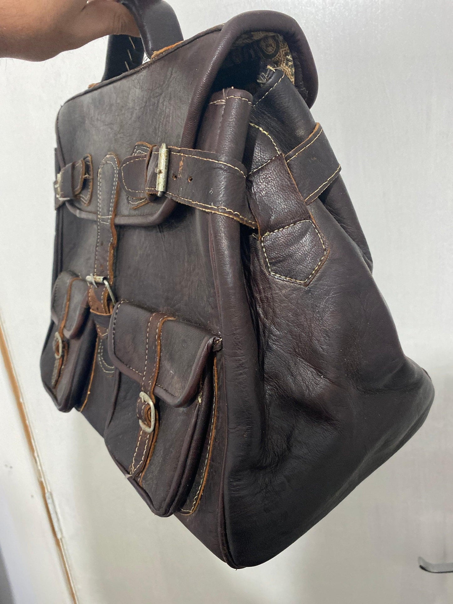 Vintage handmade real leather satchel office handbag Moroccan bag brown - Labreeze