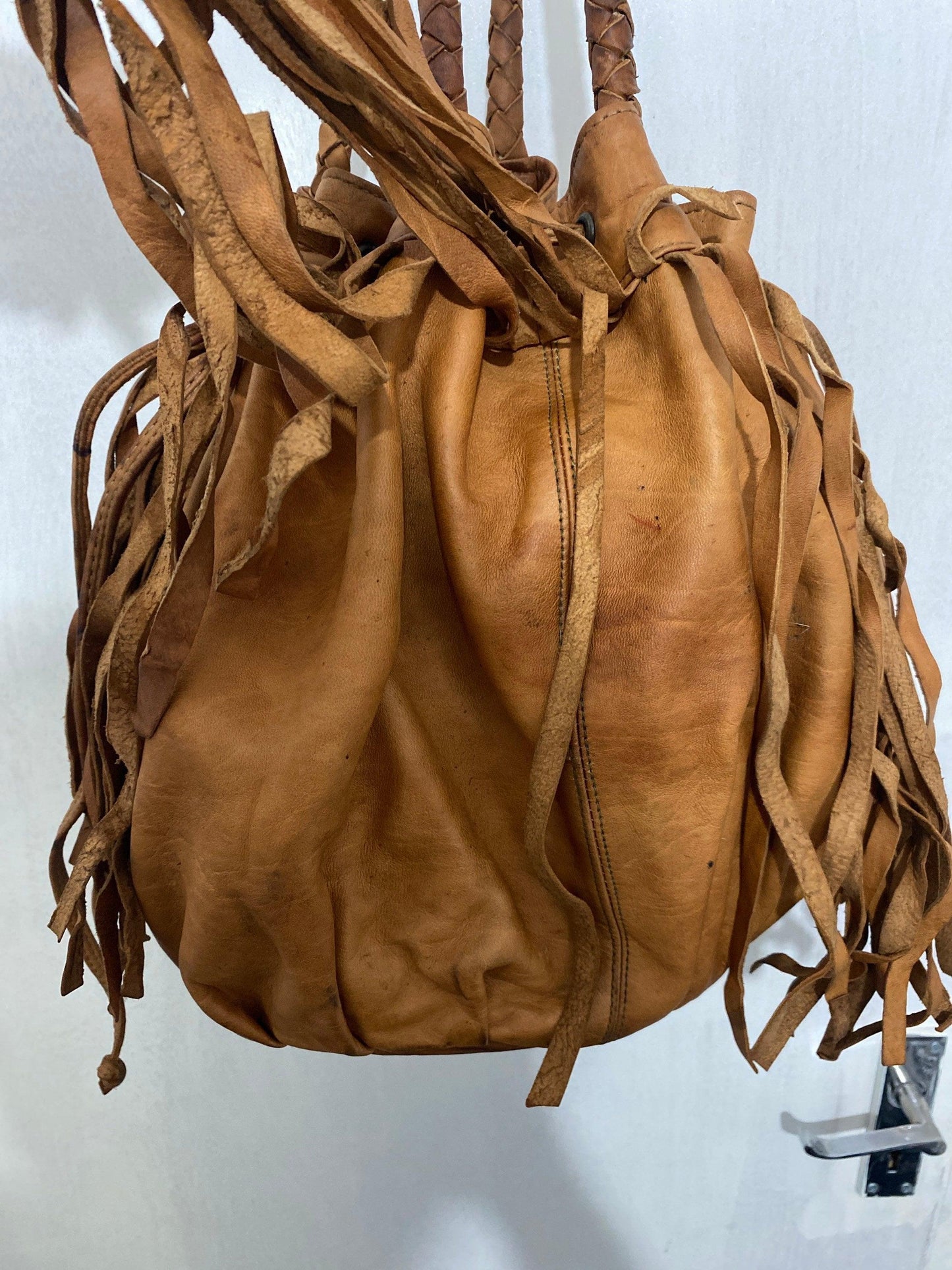 Vintage handmade real leather tussel handbag Moroccan bag tan - Labreeze