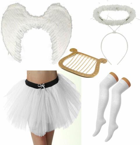 White Feather Wings Halo Harp Tutu Skirt Socks Fairy Princess Fancy Dress - Labreeze