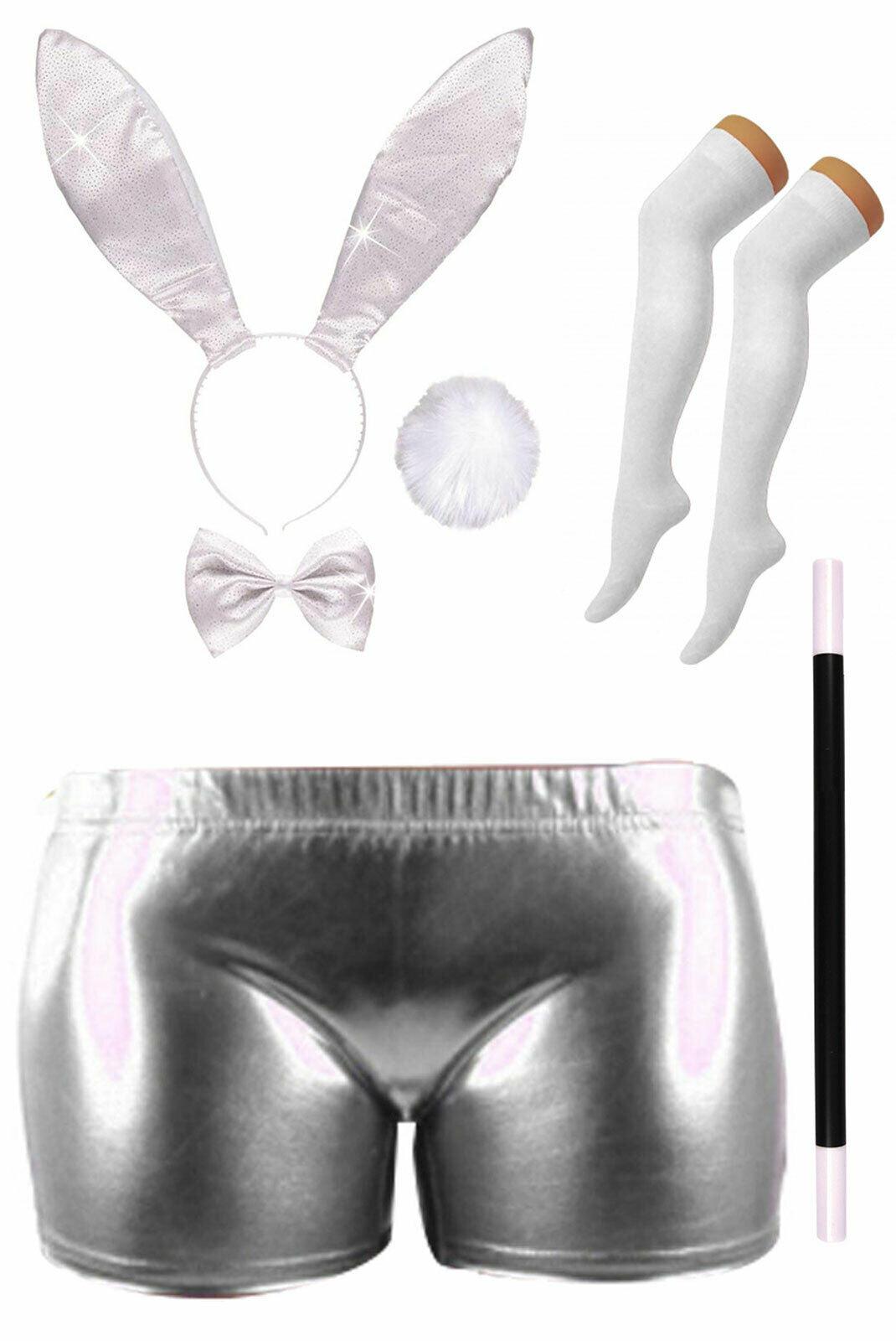 White Glitter Bunny Dress Up Shorts Wand OTK Socks Hen Stag Do Costume - Labreeze