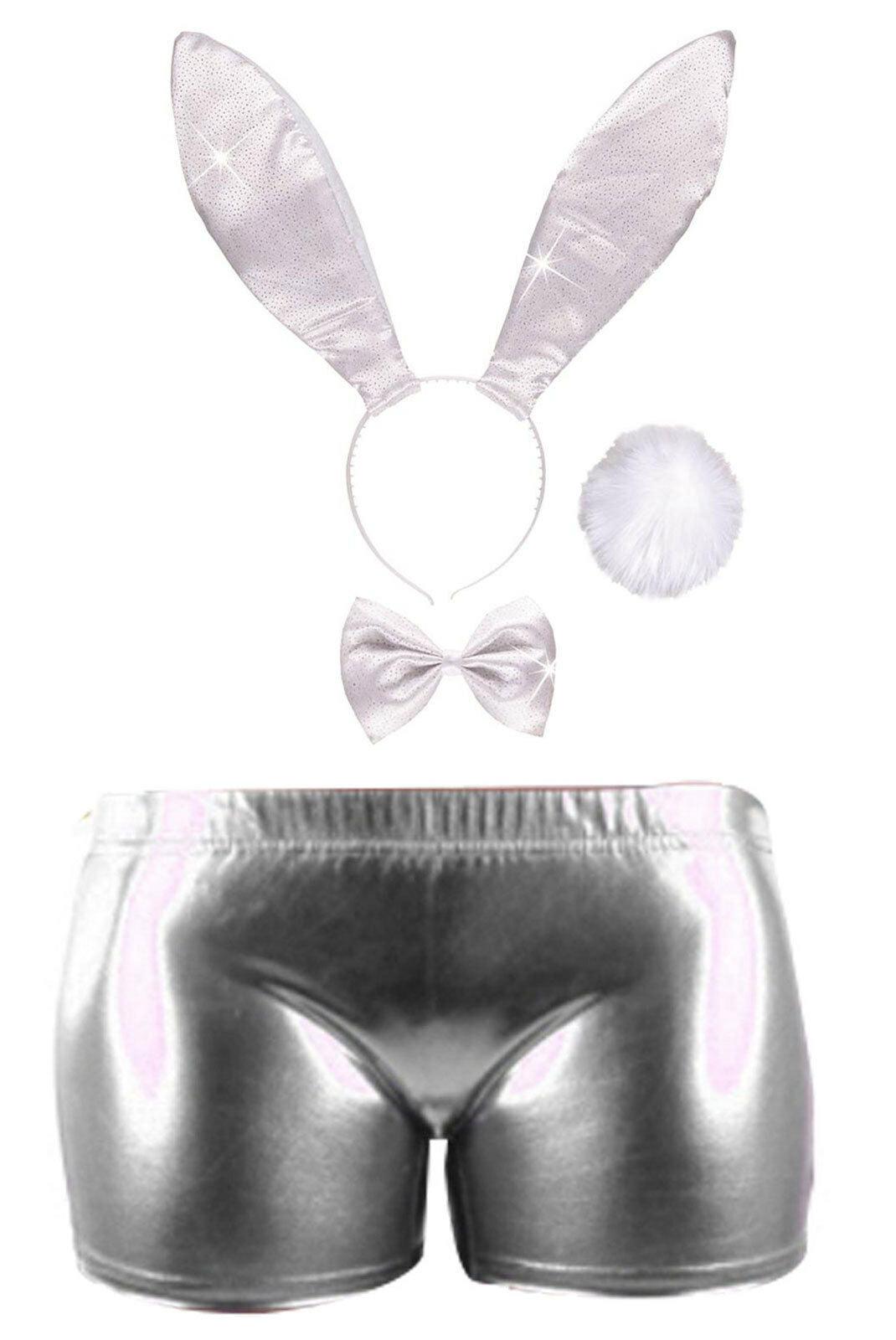 White Glitter Bunny Dress Up Silver Metallic Shorts Hen Stag Party Fancy Dress S - Labreeze