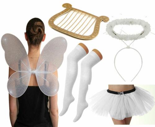 White Halo Net Fairy Wings Gold Harp Tutu Skirt Socks Angel Party Fancy Dress - Labreeze