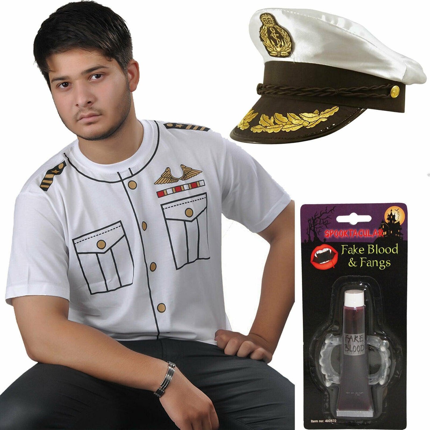 Zombie Navy Captain Hat T-Shirt GID Fangs Fake Blood Halloween Horror Fancy Dres - Labreeze