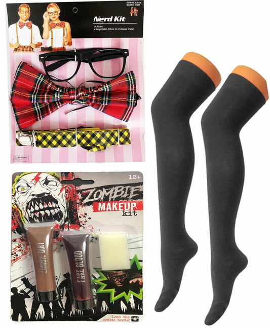 Zombie School Girl Nerd Kit OTK Socks Make UP Halloween Party Costume Set - Labreeze