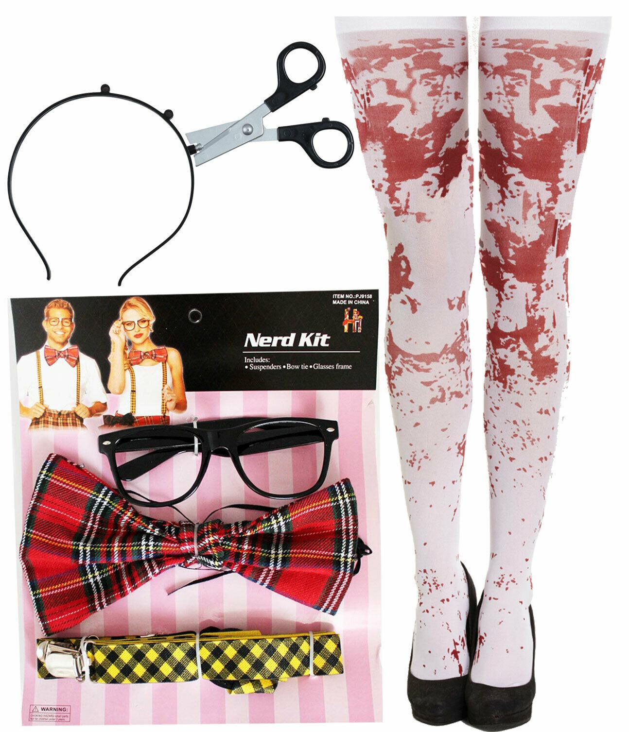Zombie School Girl Nerd Kit Scissor on Headband Stocking Halloween Party Set - Labreeze