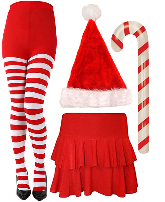 Christmas Stripy Tights Rara Skirt Candy Cane Santa Hat Xmas Fancy Dress