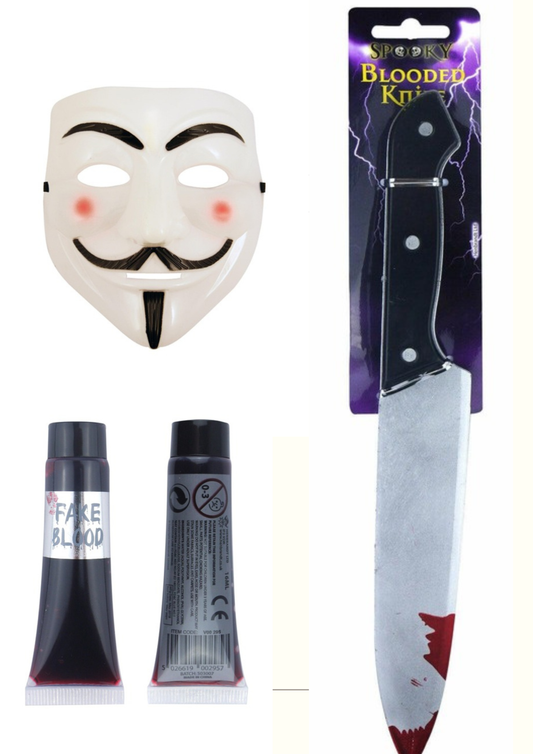 Anonymous killer set - Vendetta mask, blooded knife prop and fake blood on white background