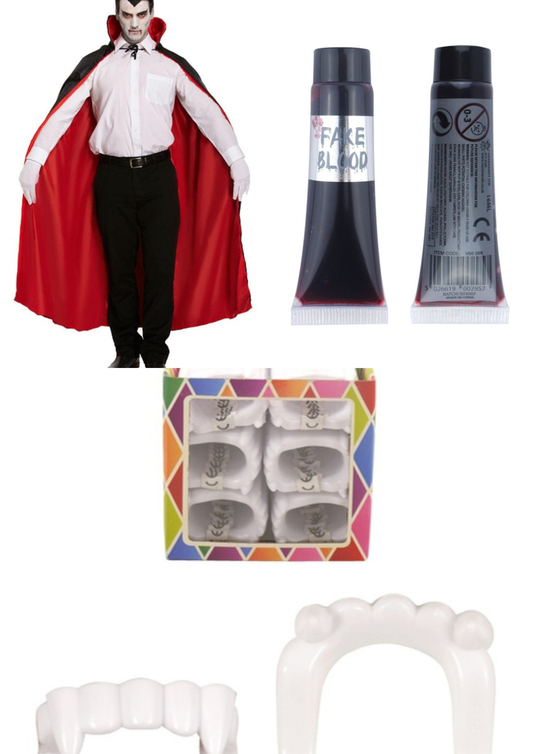 Adult vampire kit - red cape, fangs and fake blood on white background