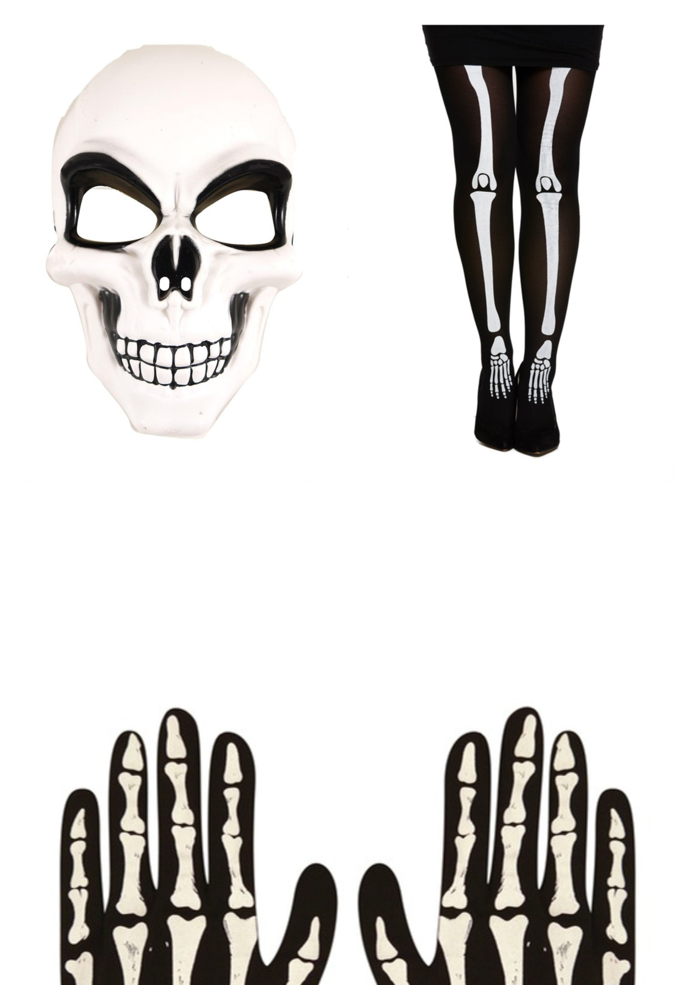 Adult full skeleton set - white skull mask, bone print tights and skeleton gloves on white background