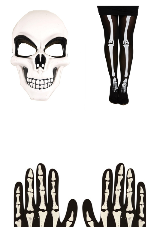 Adult full skeleton set - white skull mask, bone print tights and skeleton gloves on white background