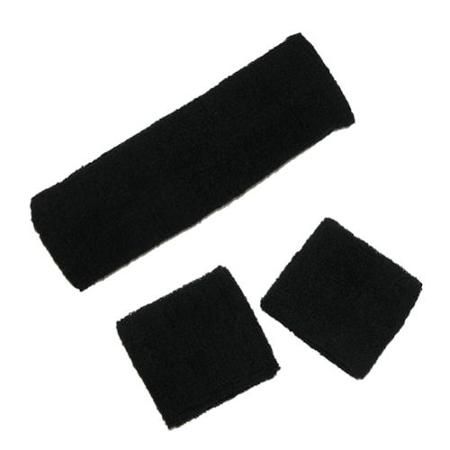 Black Towelling Sports Headband and Wristbands Set - Highly Absorbent Sweatbands for Running, Gym, Yoga & Athletics - Comfortable Fit for Men & Women