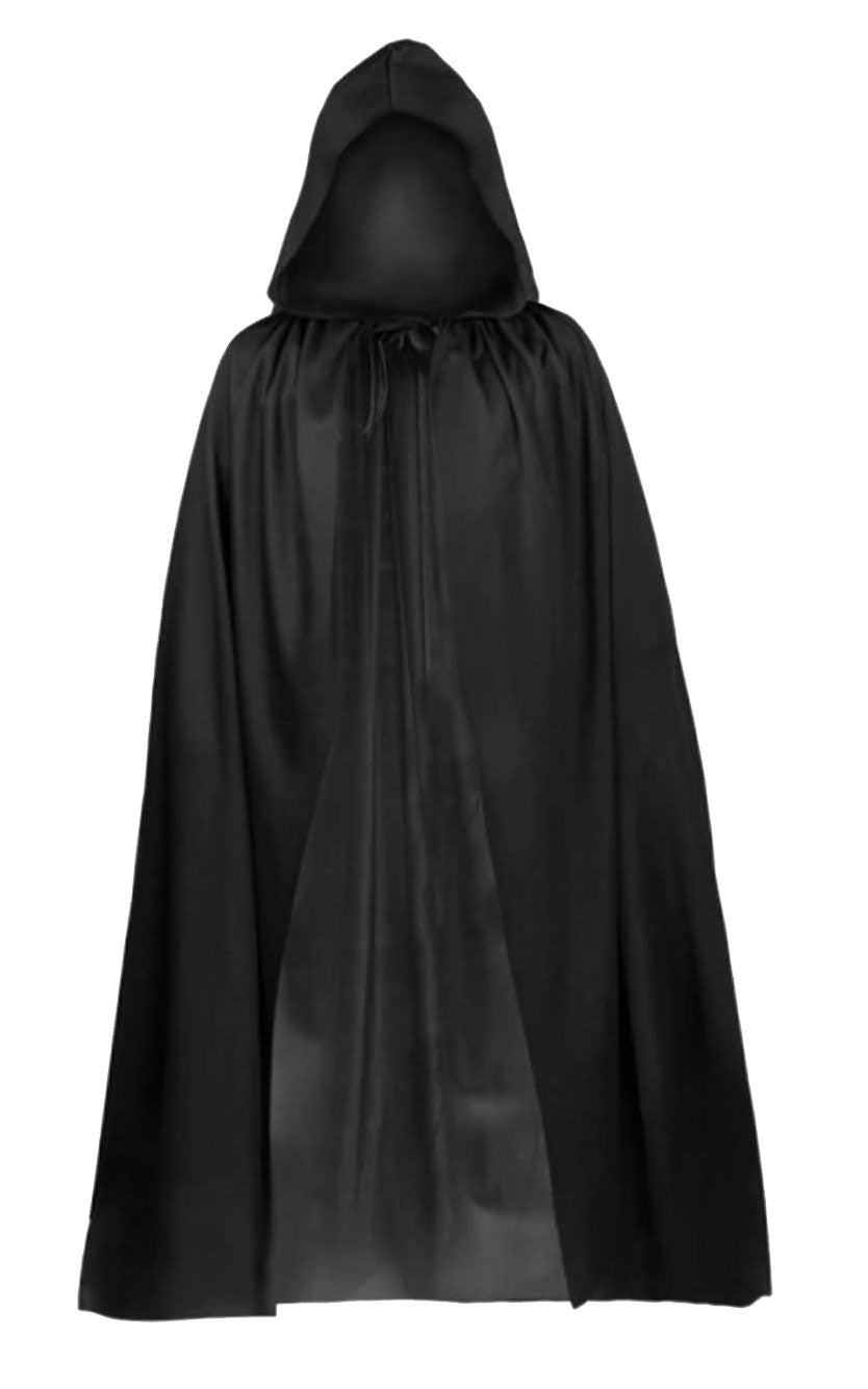 Complete Costume Set: Unisex Black Satin Hooded Cape, Mad Hatter Chequered Hat, Magic Wand (26.5cm), White Gloves - Perfect for Cosplay