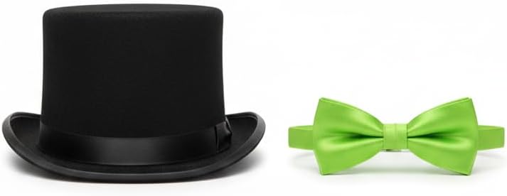 Labreeze Adult Black Velour Top Hat & Green Bow Tie Set – Victorian Dickens Style Christmas Fancy Dress Accessory