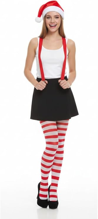 Labreeze Santa Helper Outfit – Santa Hat, Red Suspenders & Red/White Tights – Adult Christmas Costume Accessories