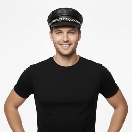 labreeze Men’s Black Biker Hat – Faux Leather Police Style Cap – Adult Fancy Dress Costume Accessory