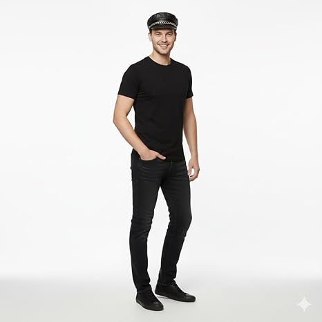 labreeze Men’s Black Biker Hat – Faux Leather Police Style Cap – Adult Fancy Dress Costume Accessory