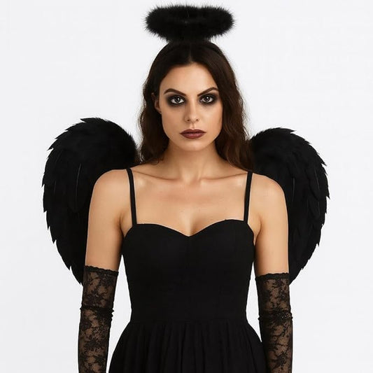 labreeze Adult Black Angel Wings and Black Halo 2-Piece Fancy Dress Set, Gothic Halloween Costume Accessories, Dark Celestial Spirit Wings with Matching Headband