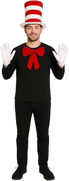 labreeze Men’s Tall Red and White Striped Top Hat Set – Fancy Dress Costume with Short White Gloves & Large Red Bow Tie (34×23.5cm) – Book Day, Cosplay, Party Outfit