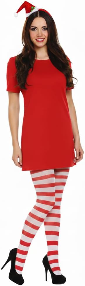 Labreeze Red & White Striped Christmas Tights with Mini Santa Hat Headband – Adult Holiday Costume Accessory Set