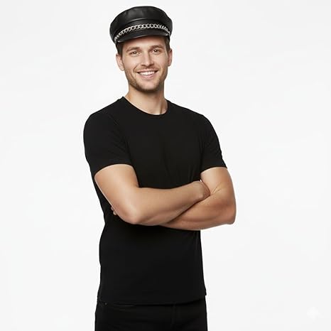 labreeze Men’s Black Biker Hat – Faux Leather Police Style Cap – Adult Fancy Dress Costume Accessory