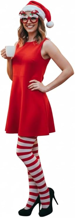 Labreeze Christmas Glasses with Red & White Adult Tights & Deluxe Santa Hat – Festive Holiday Costume Accessory Set