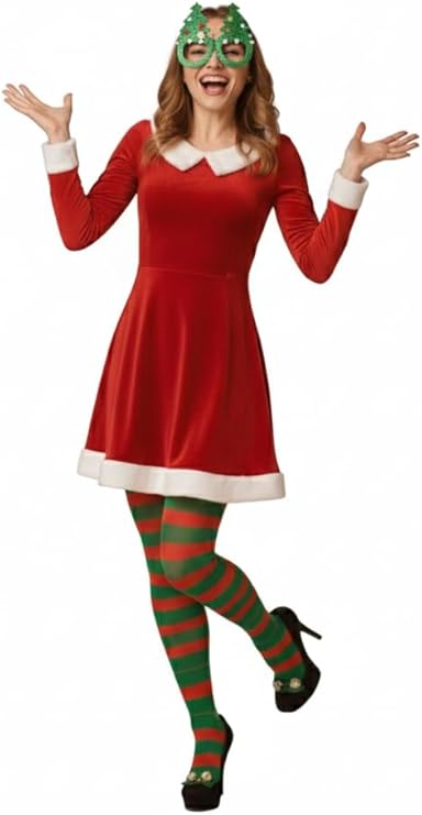 Labreeze Red & Green Striped Christmas Tights with Novelty Glasses Set – Adult Festive Elf Costume Accessories