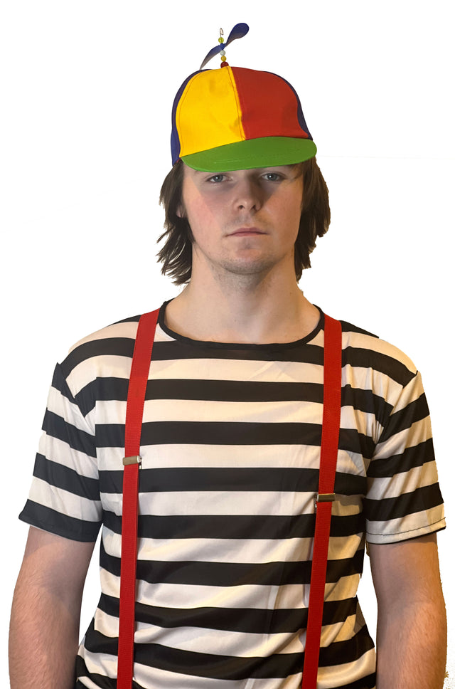 Men's Alice in Wonderland Tweedle Dee & Tweedle Dum Costume Set – Striped T-Shirt, Helicopter Hat & Red Braces – World Book Day Fancy Dress