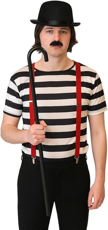 labreeze Men’s Charlie Chaplin Costume Accessory Set – Bowler Hat, Black Bow Tie, Red Braces, Black Cane & Moustache – 5-Piece Fancy Dress Kit for Adults, Theatre, Cosplay & Comedy Events