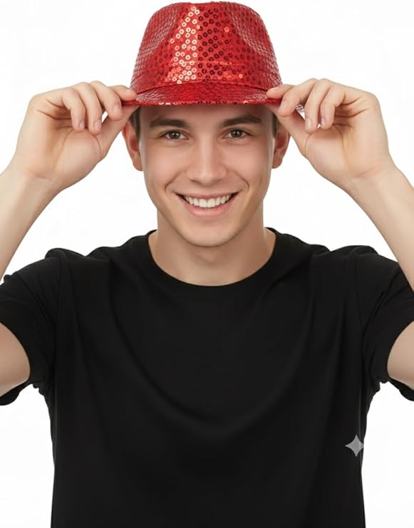 Labreeze Red Sequin Gangster Hat (Adult) – Sparkly Fancy Dress Fedora for Christmas Parties