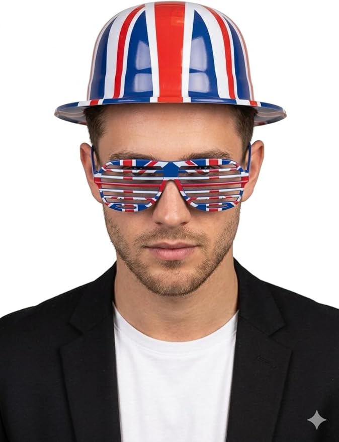 Union Jack Plastic Bowler Hat & Shutter Glasses Set – Red British Pride Costume Accessory (Adult Unisex) - Labreeze Ltd