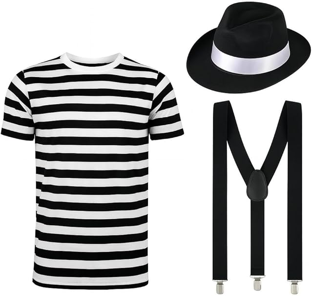 labreeze Gangster Fancy Dress Set – Black & White Stripe T-Shirt, Al Capone-Style Hat & Black Braces – 1920s Mobster Outfit for Adults, Halloween, Fancy Dress, Parties & Themed Events