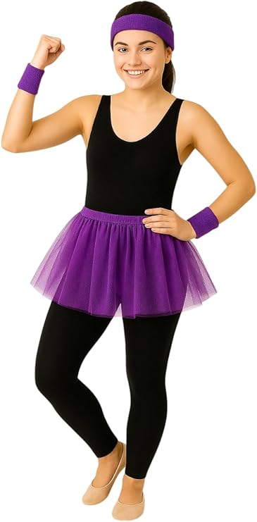 labreeze Purple 3-Layer Tutu Skirt with Purple Headband and Wristbands – Women’s Fancy Dress Costume Set – 80s Neon Outfit for Fun Runs, Parties & Festivals