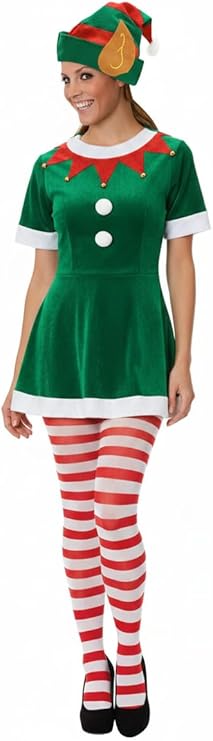 labreeze Women’s Red and White Christmas Tights & Elf Hat with Ears Set – Festive Elf Fancy Dress Accessories