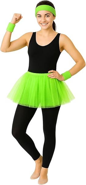 labreeze Green 3-Layer Tutu Skirt with Green Towelling Headband and Wristbands – Fancy Dress Costume Set for Women & Teens – 80s Neon Theme, Fun Run & Party Outfit