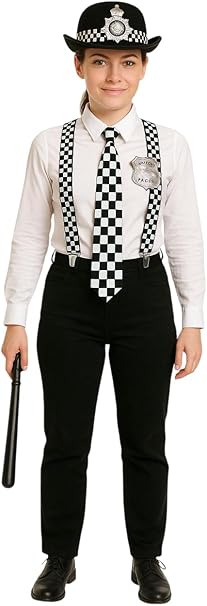 labreeze Policewoman Costume Set – Hat, Checkered Tie, Braces, Badge & Truncheon – 5 Piece Fancy Dress Kit for Women