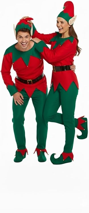 labreeze Pack of 2 Christmas Elf Costumes for Adults – One Size Couples Fancy Dress Set