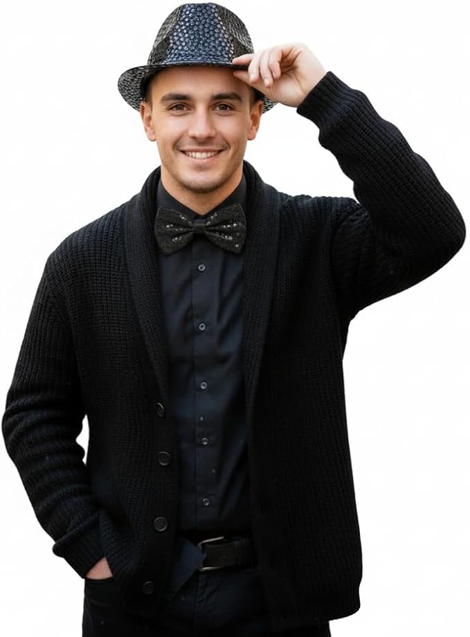 Black Sequin Hat & Bow Tie Set – Adult Fancy Dress Party Costume Accessories