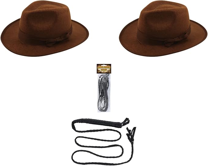 Brown Explorer Hat Set for Kids (2-Pack) with One Explorer Whip – Adventure Safari Costume Accessories for Fancy Dress, Halloween & Role Play