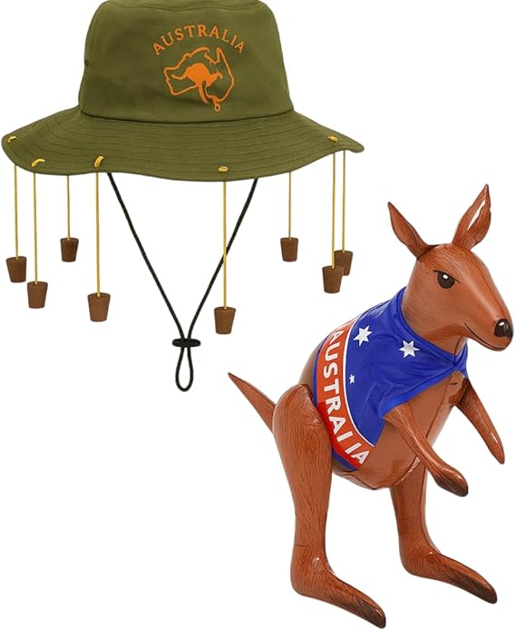 labreeze Inflatable Kangaroo with Australian Flag Print (70cm) & Women’s Outback Cork Headwear – Australia Day Costume Set, Fancy Dress Accessory, Aussie Party Prop & Festival Decor