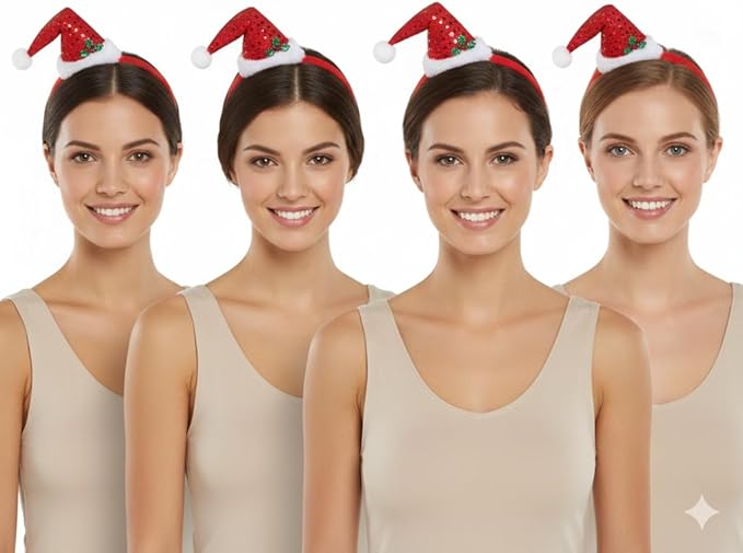 labreeze Pack of 4 Mini Santa Hat Headbands for Women – Christmas Hair Accessories for Festive Parties