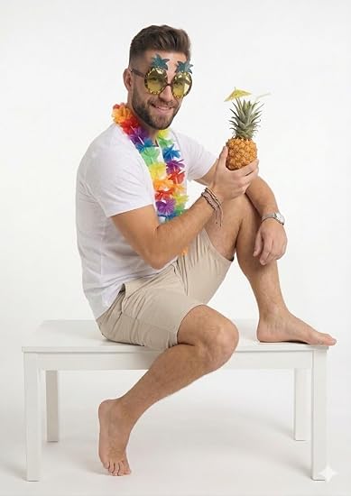 Hula Lei and Pineapple Glasses Set – Multicoloured Neon Lei & Yellow Lens Tropical Party Accessories