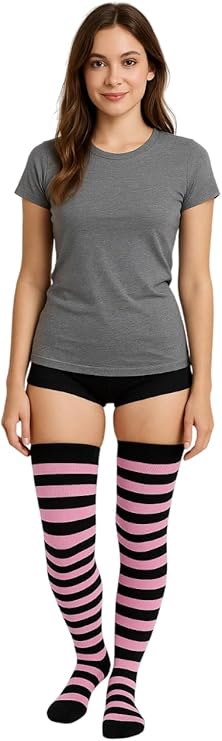 labreeze Light Pink and Black Striped Over the Knee Socks – OTK Thigh High Cosplay Socks for Women, Cute Kawaii Costume Accessories, Fancy Dress Outfit