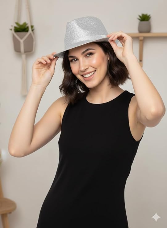 labreeze Silver Glitter Trilby Hat (Adult) – Sparkly Party Trilby for Christmas, New Year, Disco, Festivals & Fancy Dress Costume Accessory