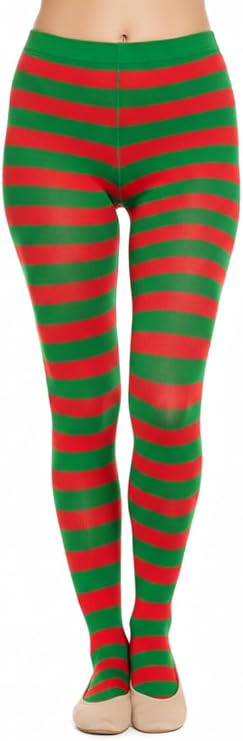 labreeze Women’s Red and Green Christmas Tights – Festive Striped Elf Tights for Adults