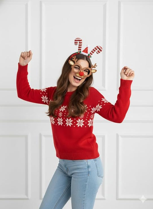 Labreeze Christmas Party Accessory Set – Glitter Reindeer Glasses, Candy Cane Headband & Santa Hat for Adults