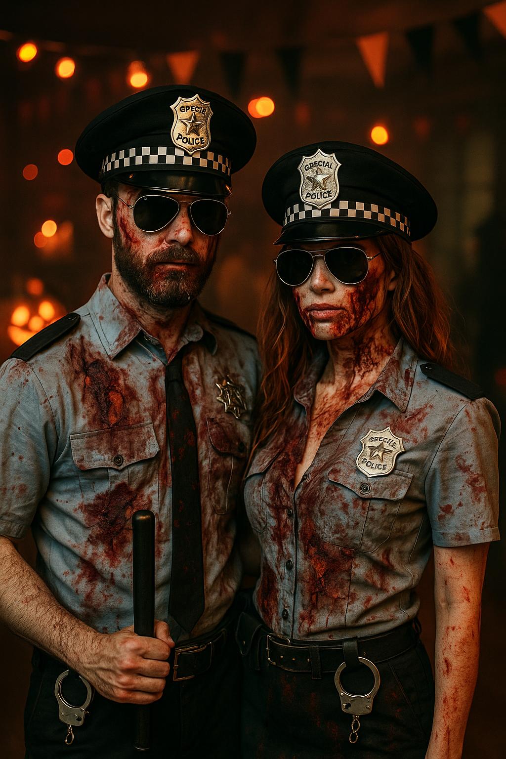 Couple Zombie Police Costume Accessories Set of 2 – Includes Police Hat, Badge, Handcuffs, Black Sunglasses, Fake Blood & Police Truncheon – Halloween Fancy Dress Kit for Men & Women