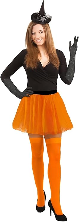 Witch Costume Accessories Set for Women & Girls – Includes Witch Hat Headband with Diamante Spider, Black Lace Gloves, OTK Socks and 3-Layer Tutu Skirt for Halloween Fancy Dress