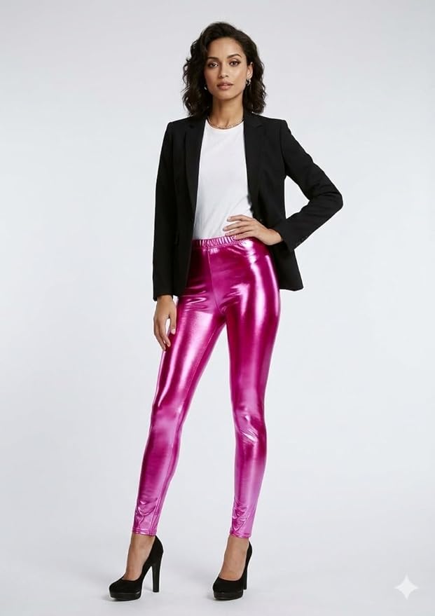 Hot Pink Metallic Leggings for Adults – High Shine Bold Fancy Dress Party Wear - Labreeze Ltd