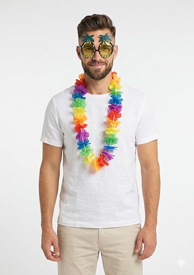 Hula Lei and Pineapple Glasses Set – Multicoloured Neon Lei & Yellow Lens Tropical Party Accessories