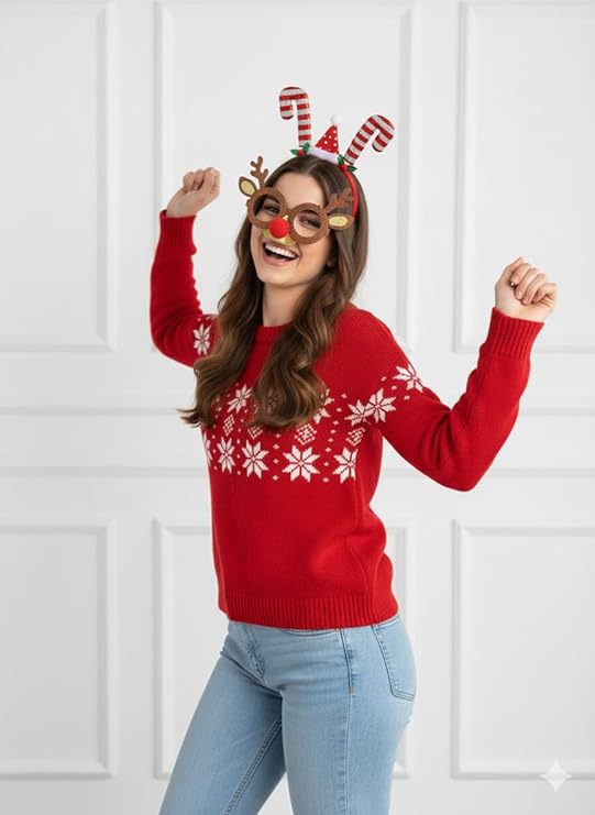 Labreeze Christmas Party Accessory Set – Glitter Reindeer Glasses, Candy Cane Headband & Santa Hat for Adults
